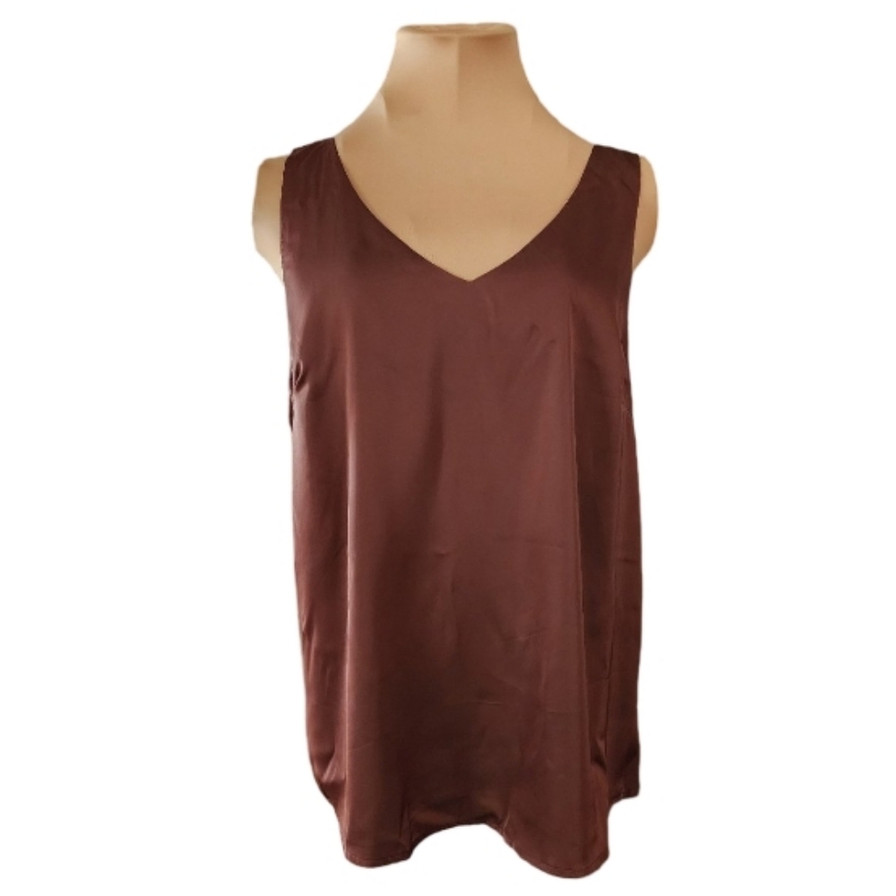 Ekouaer Chocolate Brown Satin‎ V-neck Tank Top Women's Medium
